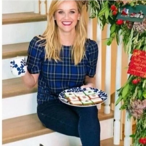 DRAPER JAMES Blue plaid short sleeve top size S - Picture 1 of 14